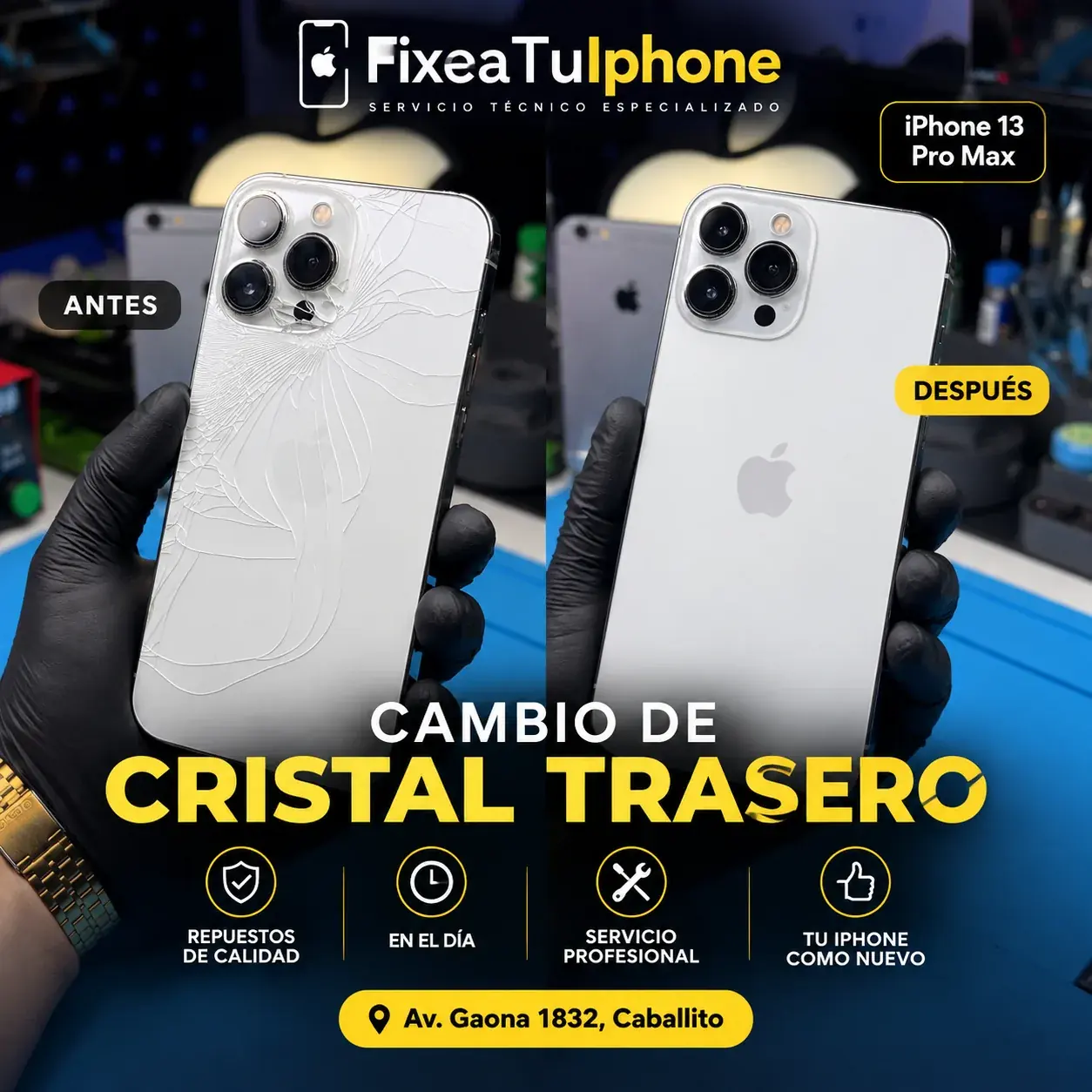 Antes y después cambio de cristal trasero iPhone 13 Pro Max