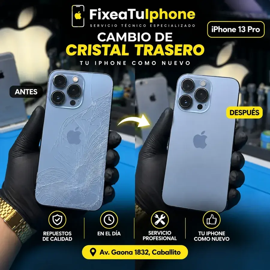 Antes y después cambio de cristal trasero iPhone 13 Pro