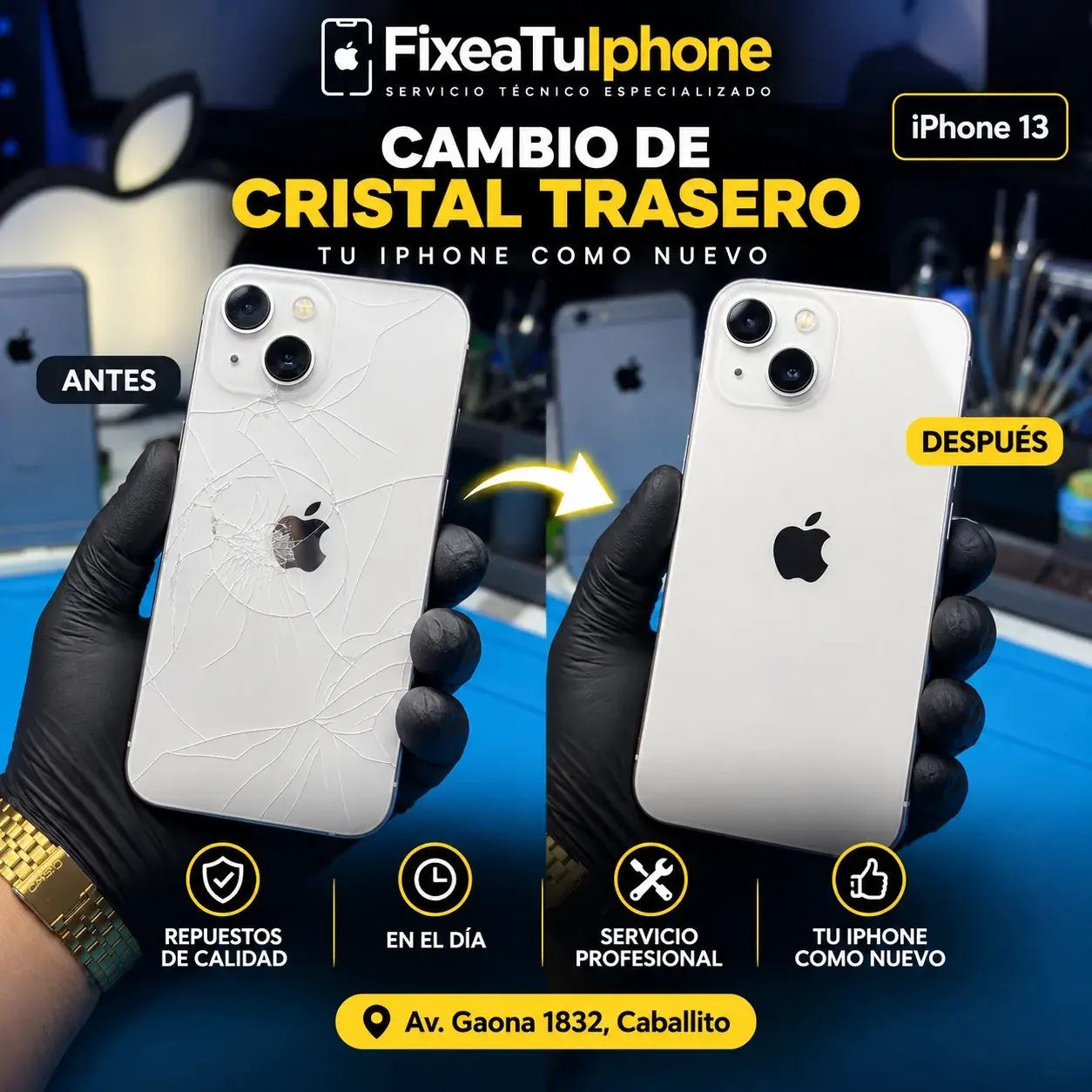 Antes y después cambio de cristal trasero iPhone 13