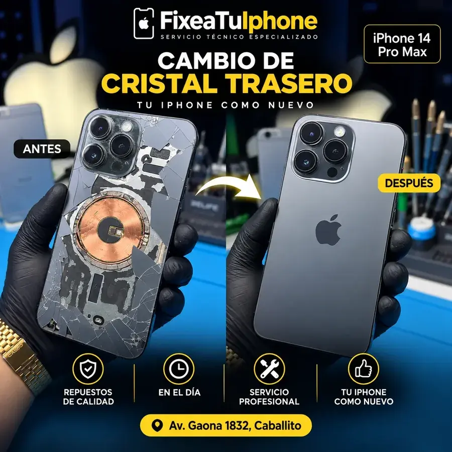 Antes y después cambio de cristal trasero iPhone 14 Pro Max