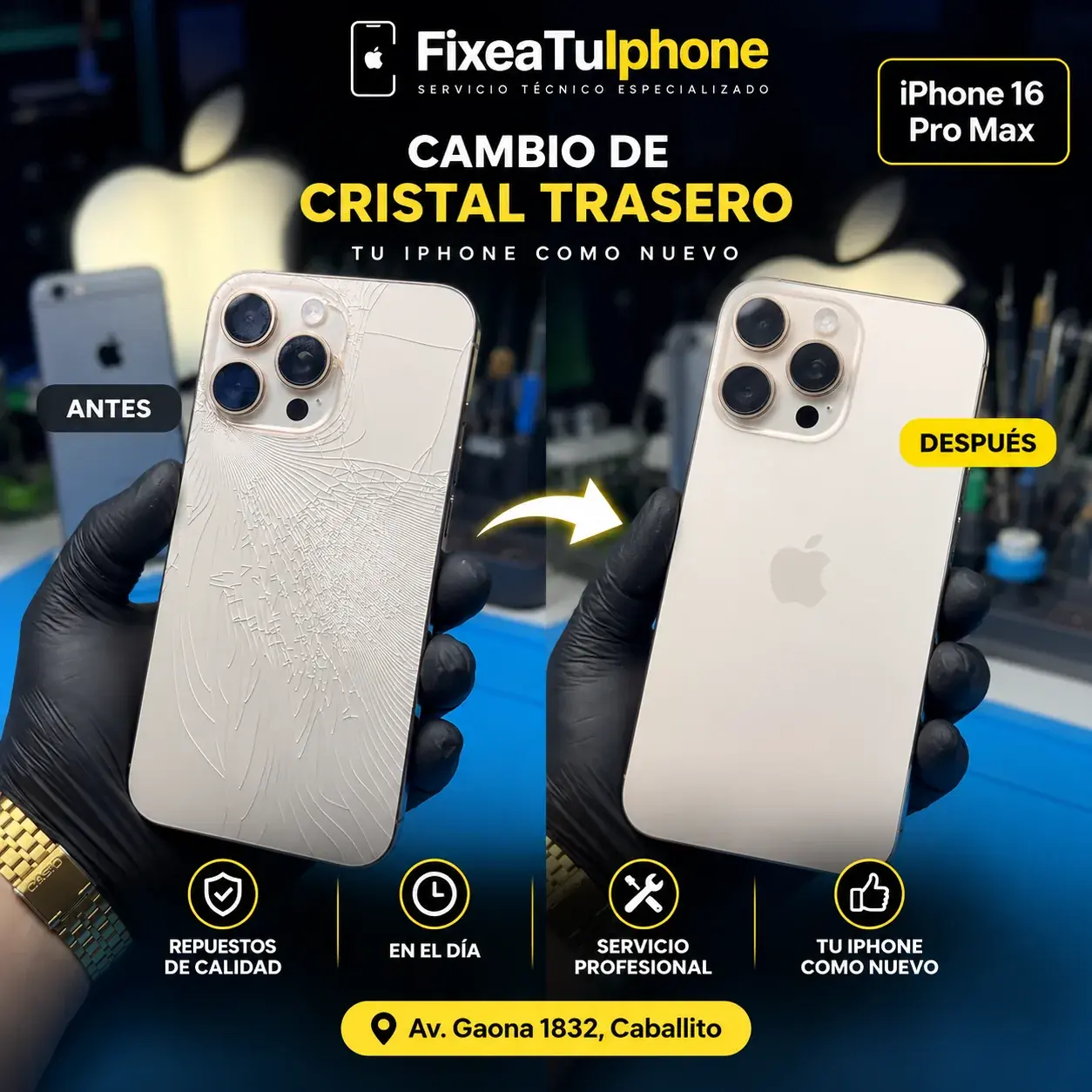 Antes y después cambio de cristal trasero iPhone 16 Pro Max